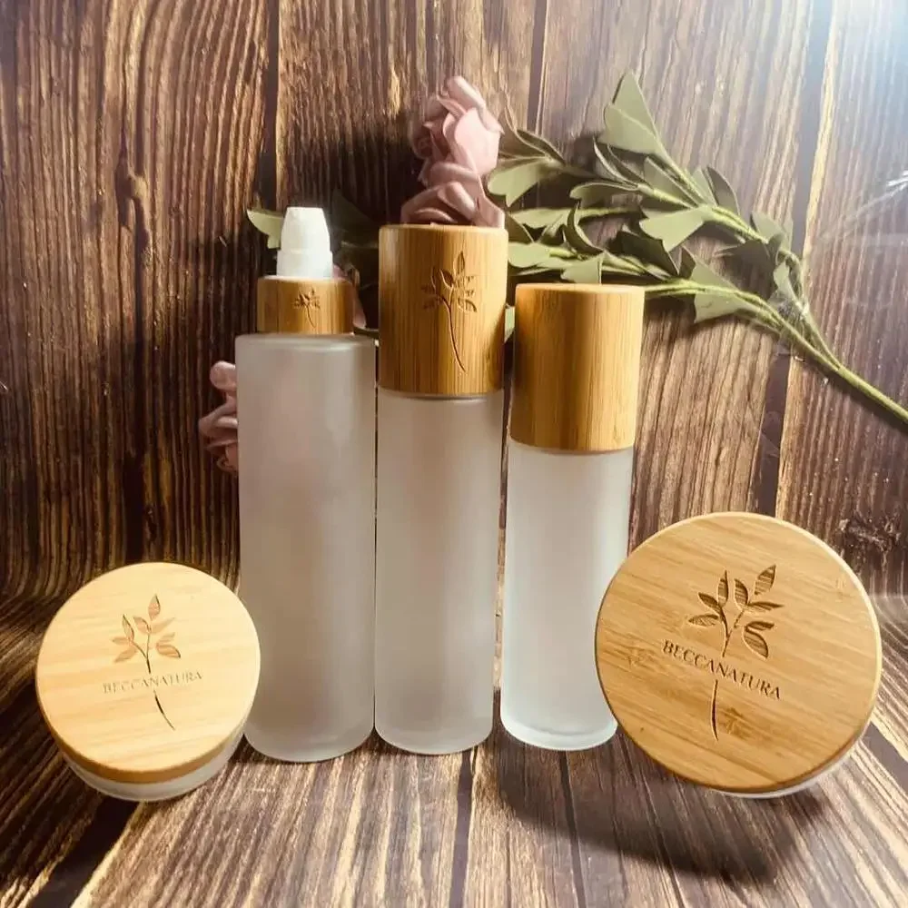 

Engraving Logo Sample Frosted Clear Glass Jar Bamboo Bottle With Lotion Spray Cap Carving Wood Cosmetic Skin Care Cream jars