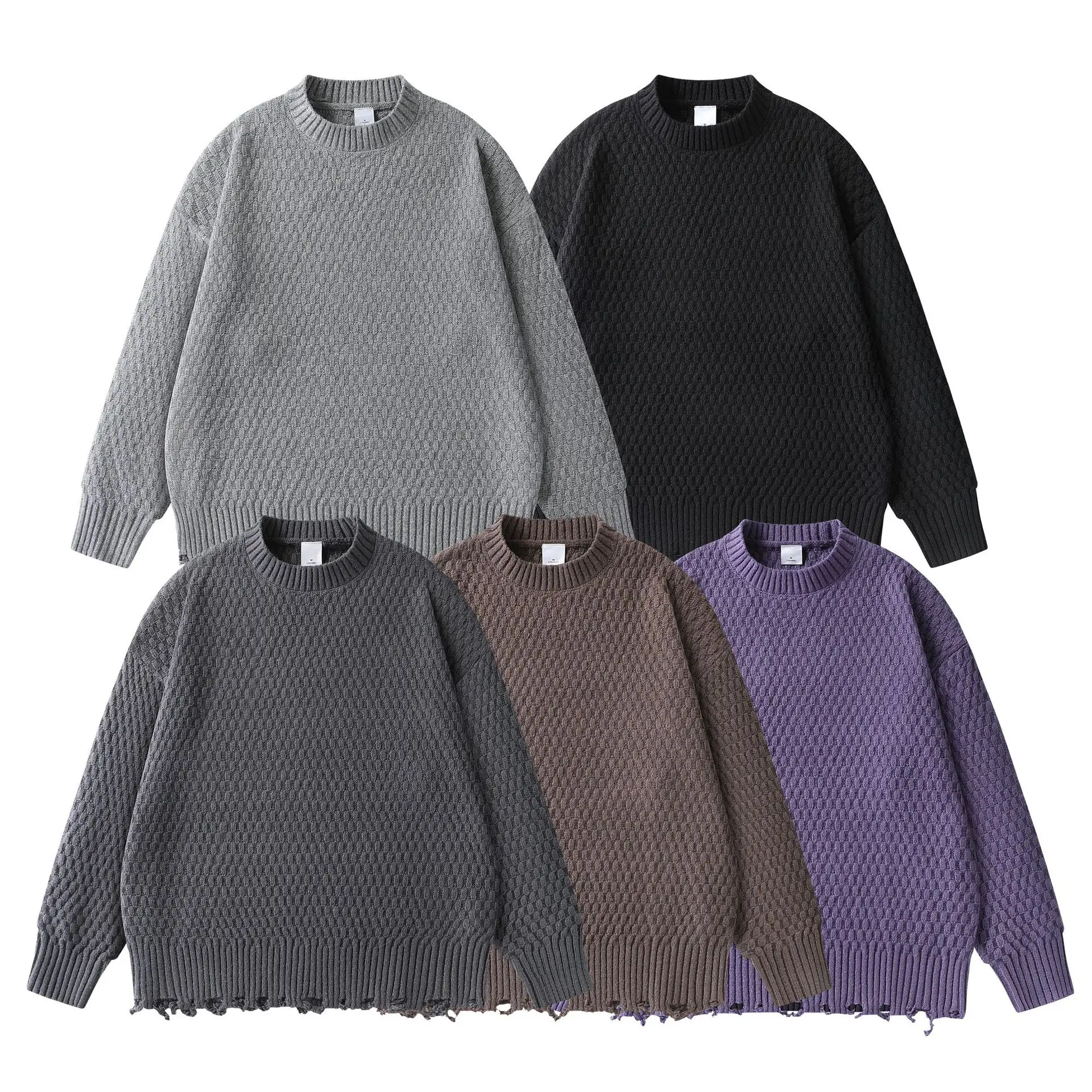 

Men's Winter Thiened round Ne Knitted Sweater Retro Destroyed Frayed Texture Pullover Casual Long Sve Breathable Elast...