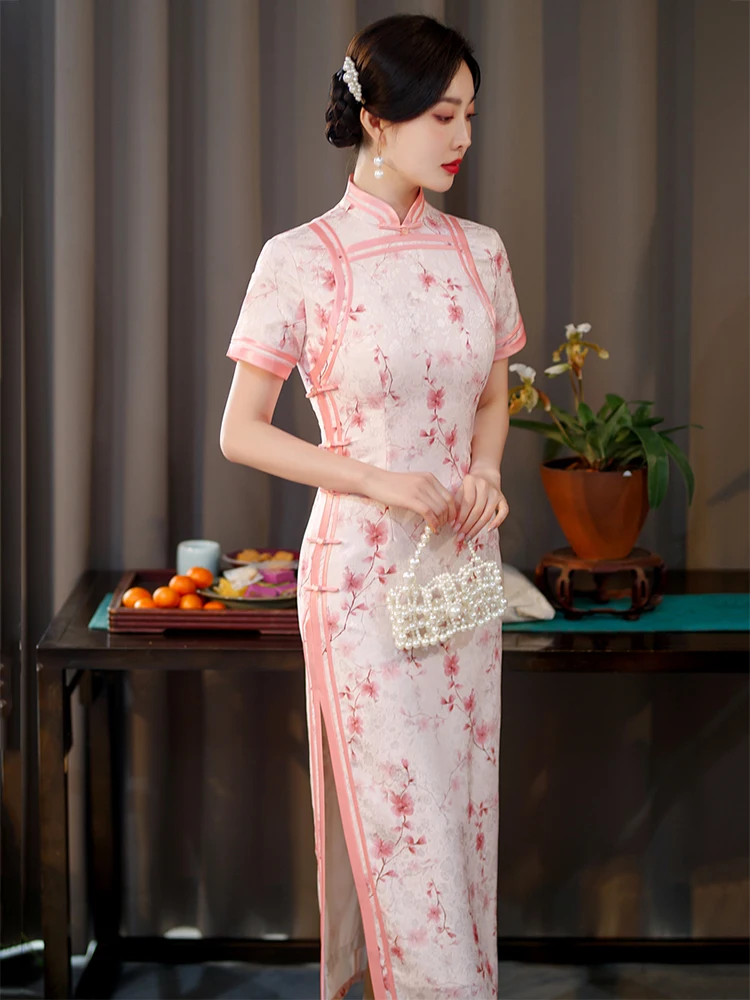 

Yourqipao Summer Long Silk Pink Cheongsam Retro Fashion Catwalk Banquet Qipao Chinese Style Evening Wedding Dress for Women