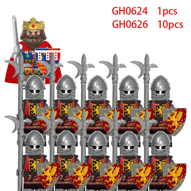 MOC – blocs de construction de roi militaire médiéval, figurines de soldats, cadeaux, boucliers, casques, cœur de lion, chevaliers teutoniques, agriculteur Militiaman