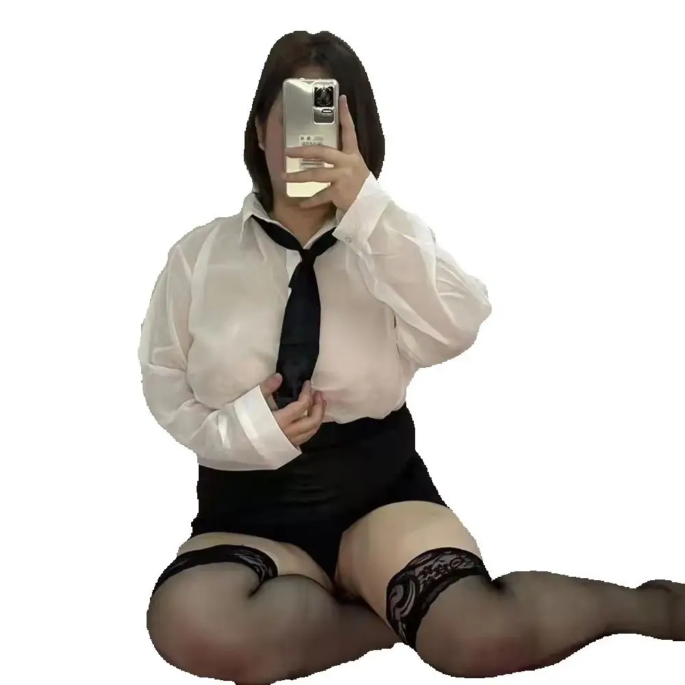 

40-100kg White Shirt Tie Transparent Chiffon OL Uniform temptation Sexy Lingerie Erotic Short Skirt Secretary CosLLarge Clothes
