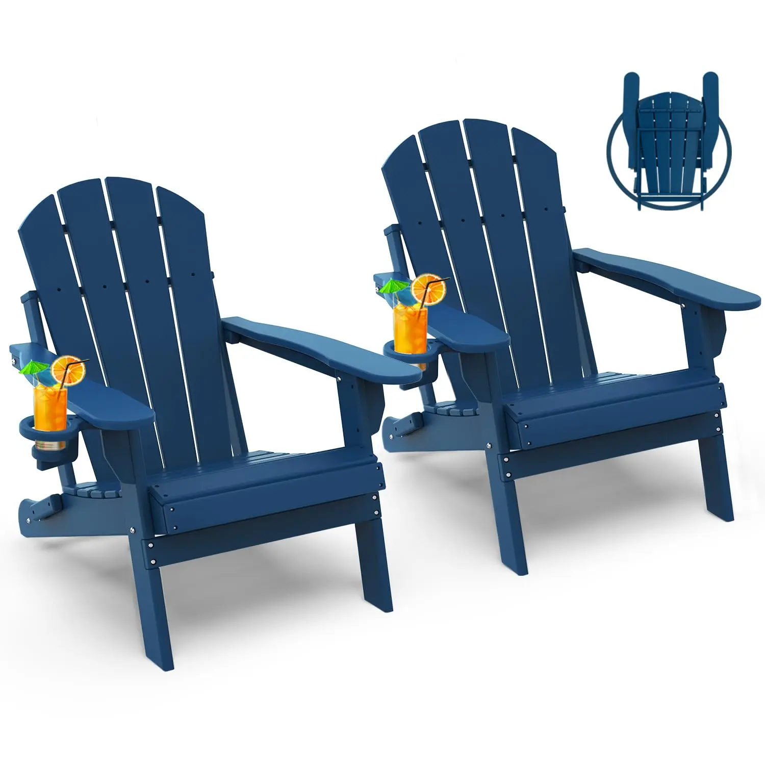 Chair Set 2, Folding All Weather w/ Cup Holder ，5in Armrest, Fire Pit Reclined Legs Low Maintenance Patio, Customized