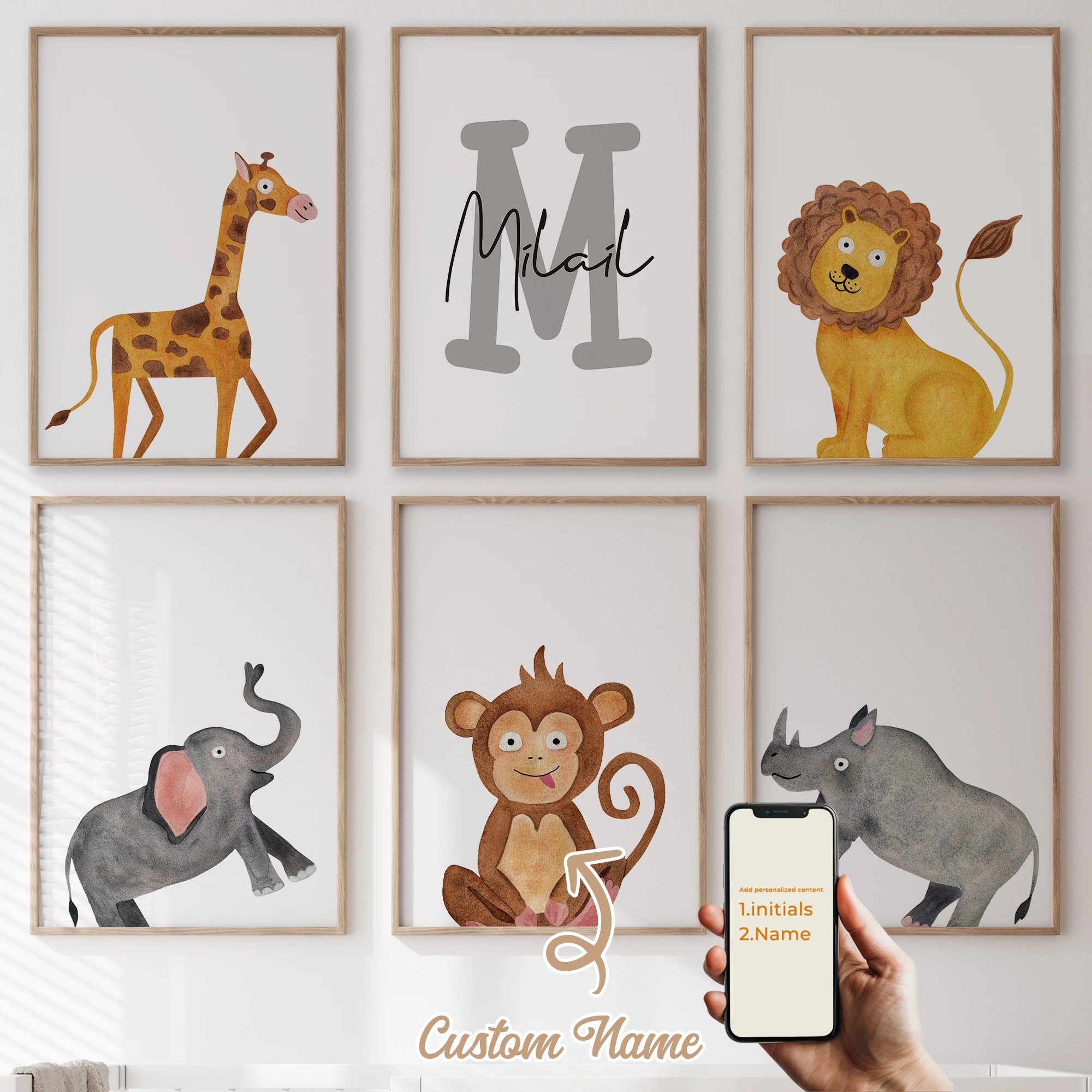 

3Pcs/6pcs Personalized Custom Name Cute Cartoon Animal Lion Wall Art Print Picture For Living Room Kids Boy Room Home Decor Gift