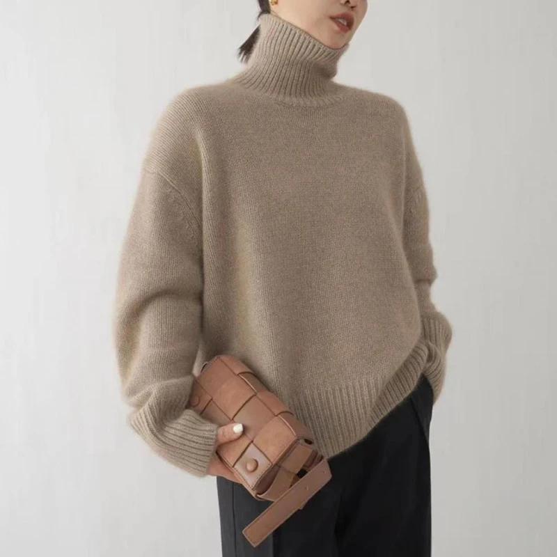 Cashmere Knitted Sweater for Women Elegant High Collar Turtle Neck Loose Sweater Women Thicken Warm Solid Color Knitwear Jumper