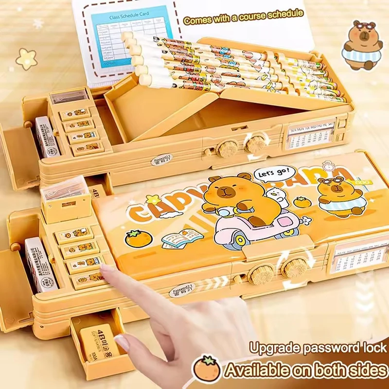 مقلمة كابيبارا متعددة الوظائف ذات سعة كبيرة وقفل بكلمة مرور صندوق أدوات مكتب بطبقة مزدوجة صندوق أقلام عالي التقنية بدون أدوات مكتبية