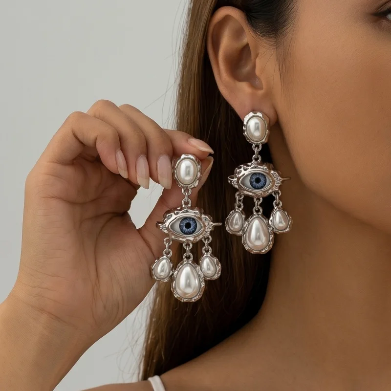 Gothic Bohemian Evil Eye Imitation Pearl Tassel Drop Earrings Ornate Frame Dangle Earrings Women's Cocktail Party & Daily