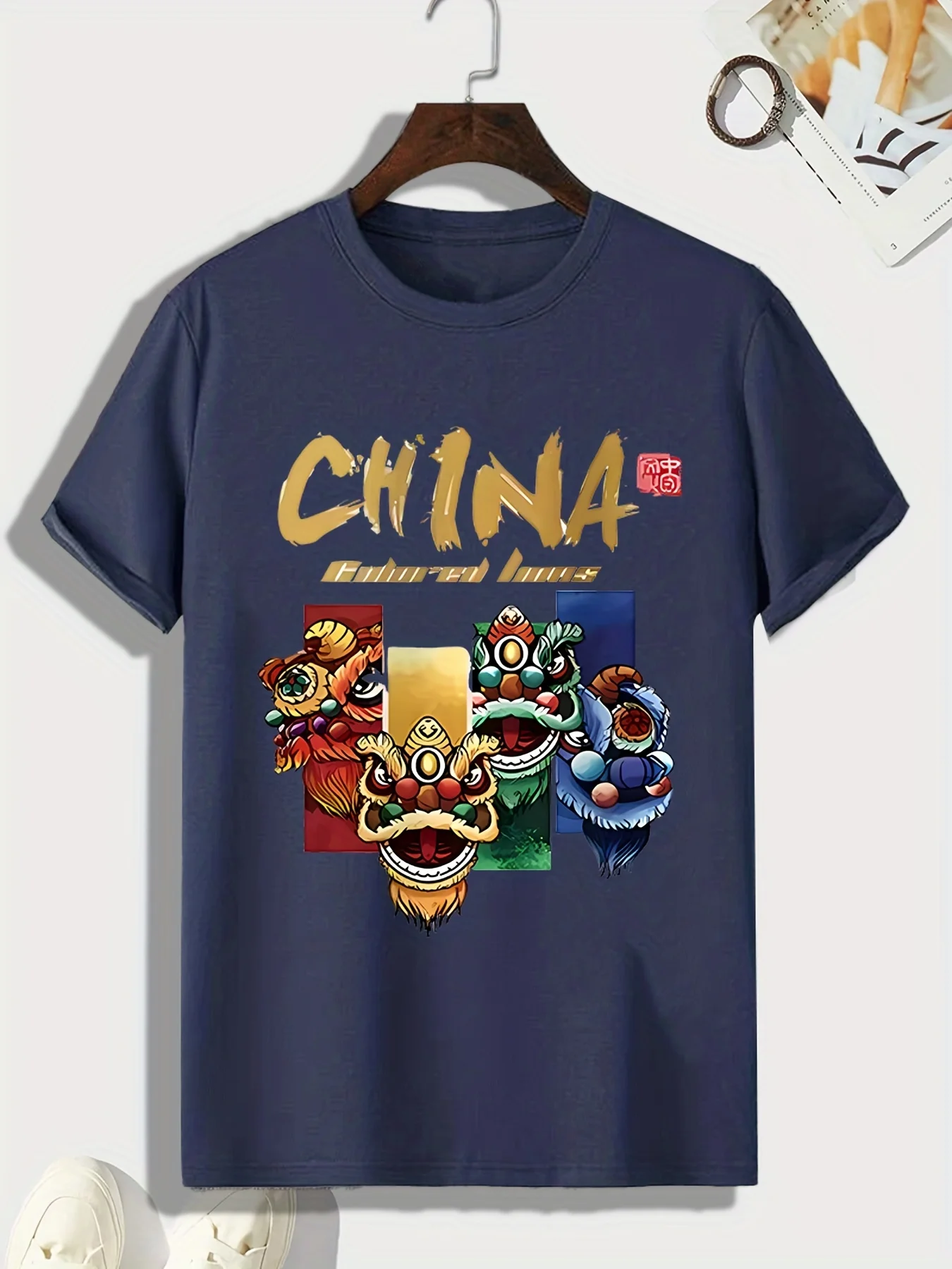 CHINA Lion Dance Print, Men's Graphic Design Crew Neck Novel T-shirt