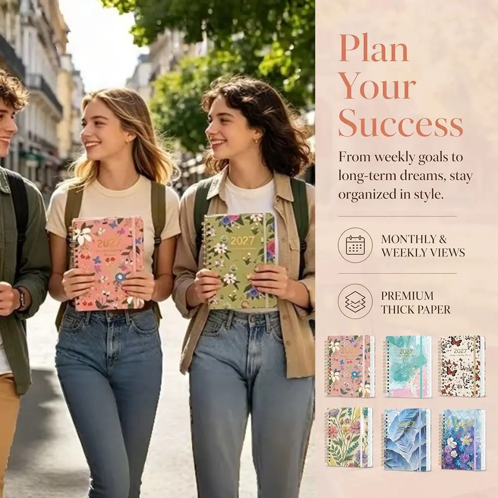 A5 2027 Planner Notebook Spiral Bound Weekly & Monthly Planner A5 Agenda Book Floral Pattern Portable Schedule Book