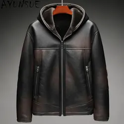 AYUNSUE Men Fur Coat Luxury Genuine Leather Jacket Men Winter Mens Clothing Casual Warm Natural Sheepskin Fur Jacket Hooded