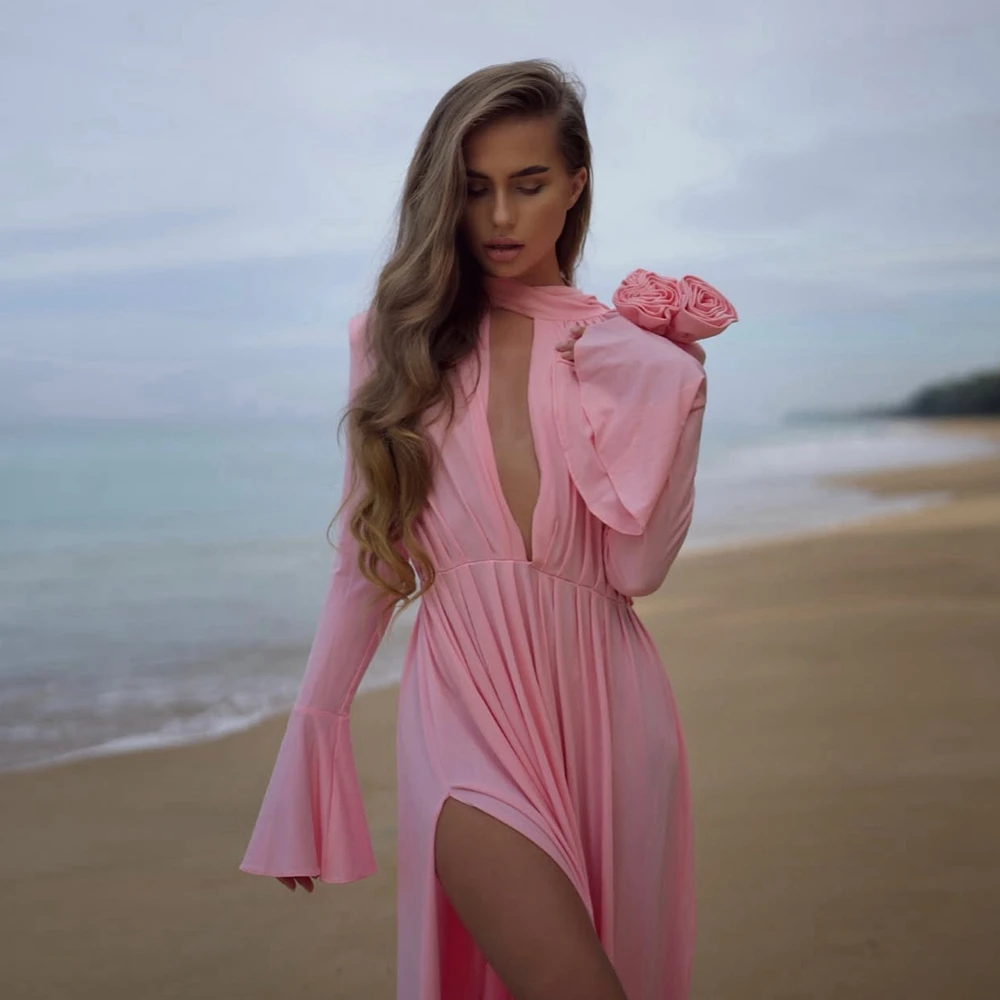 

Beach Pink Floral Maxi Party Dress Charm High Slit Flare Sleeves Satin Long Prom Gowns Elegant Draped Taffeta Photography Dress