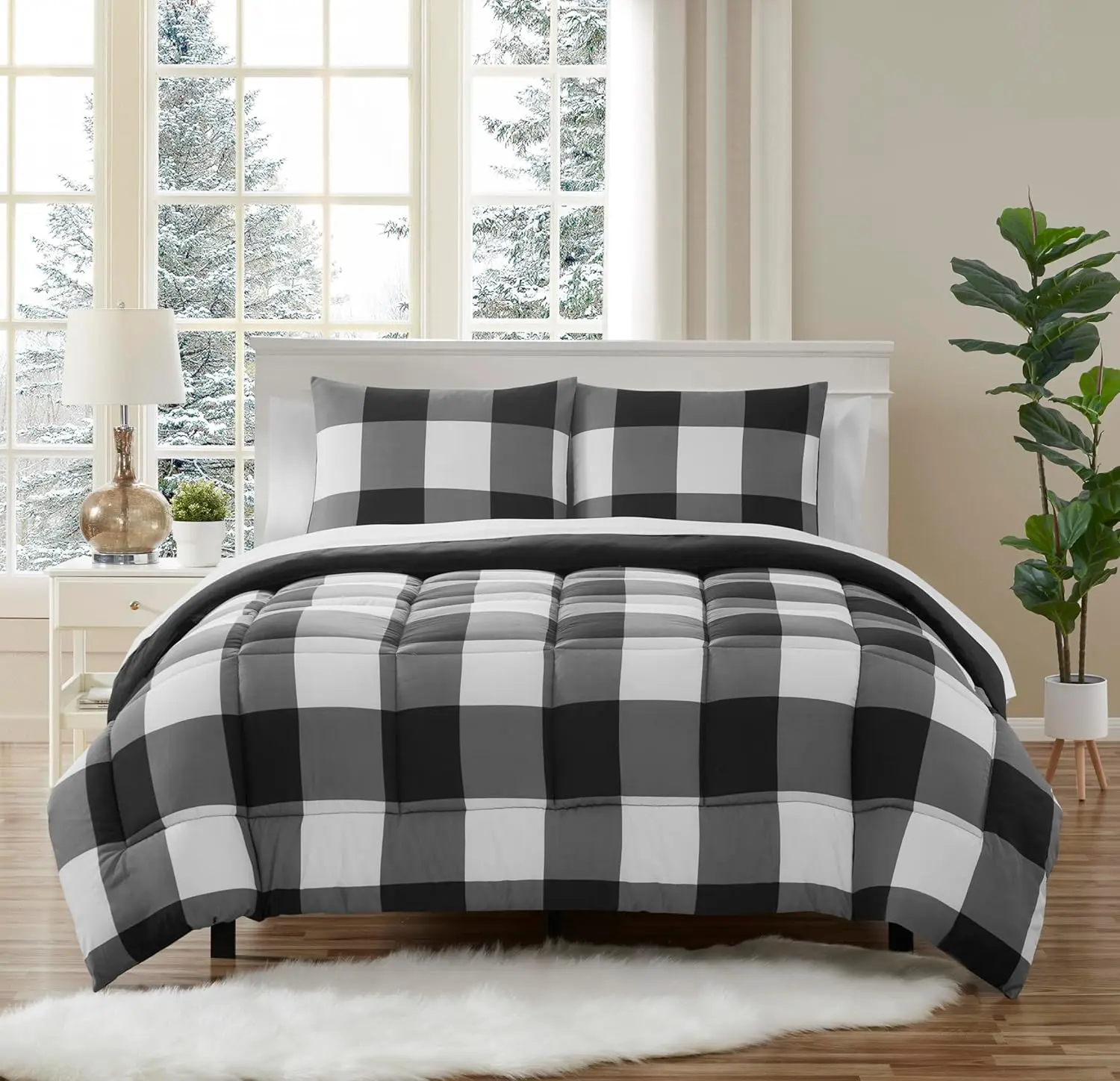 

7 Piece Comforter Set Bag All Season Soft Down Alternative Blanket &Microfiber Bed Sheets,Buffalo Plaid Black/White (Pack of 4)