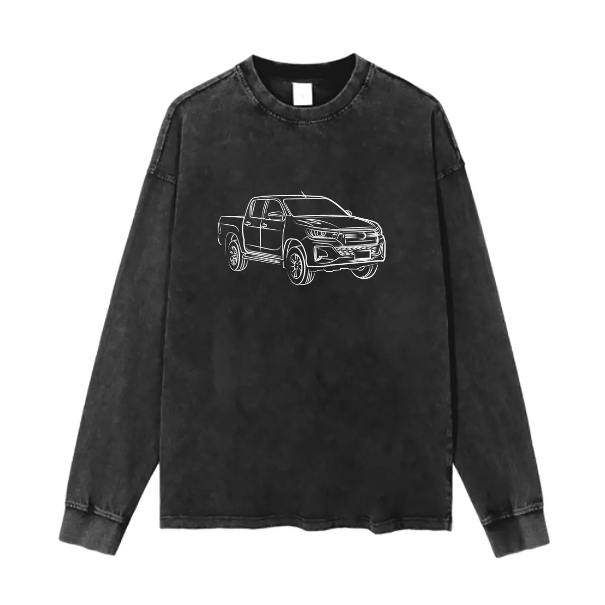 Pickup Truck Line Art Graphic Washed Vintage Long Sleeves Cotton Tee Shirt Solid O Collared For Men's And Women's