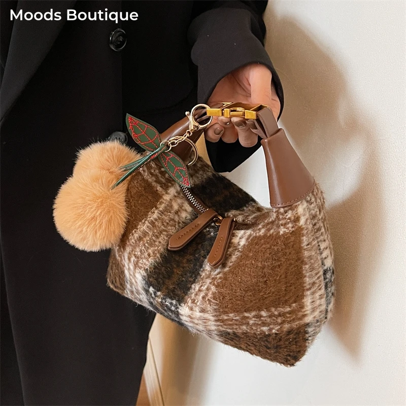 Velvet Fabric Plaid Pattern Crossbody Bags For Women 2025 Winter New Luxury Designer Purses And Handbag Casual Shoulder Hobo Bag