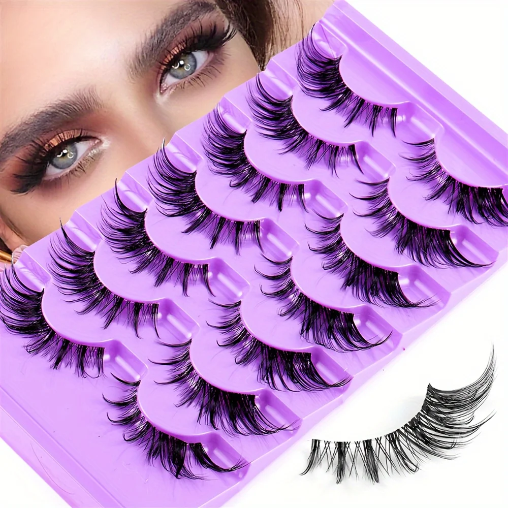 7 Paar Katzenaugen-Wimpern, 3D-natürliche falsche Wimpern, flauschige und weiche, kreuzförmige, transparente Wimpern, Cartoon-Wimpern, Sli