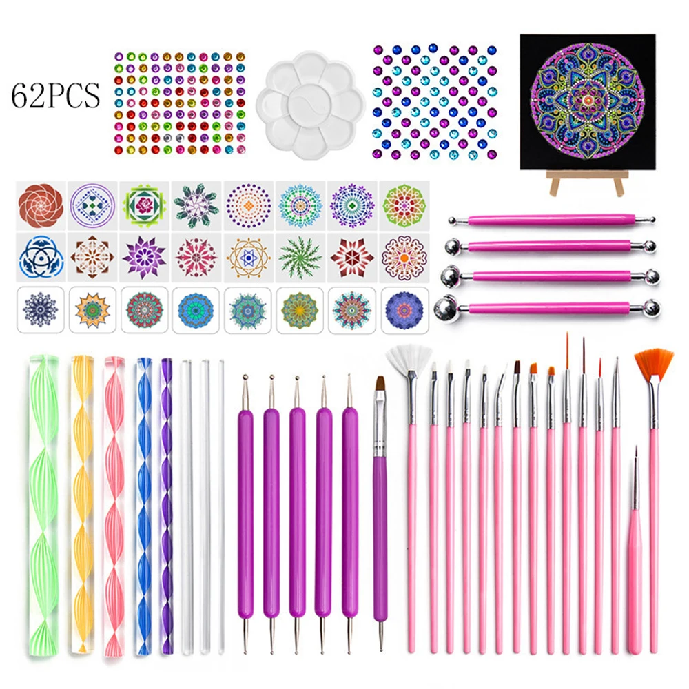 

62pcs/set Mandala Dotting Tools Painting Nail Art Dotting Pen Brush Acrylic Rods Rocks Painting Handle Rhinestone Crystal Tools