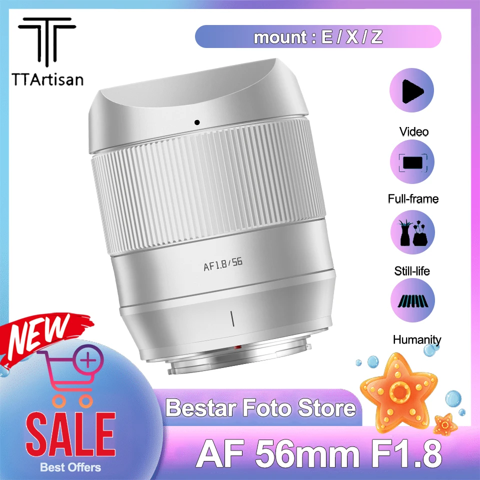 

TTArtisan AF 56mm F1.8 Large Aperture Portrait Autofocus Lens for Fujifilm X-E3 X-T5 Sony A9 ZV-E1 Nikon Z30 New Silver Color