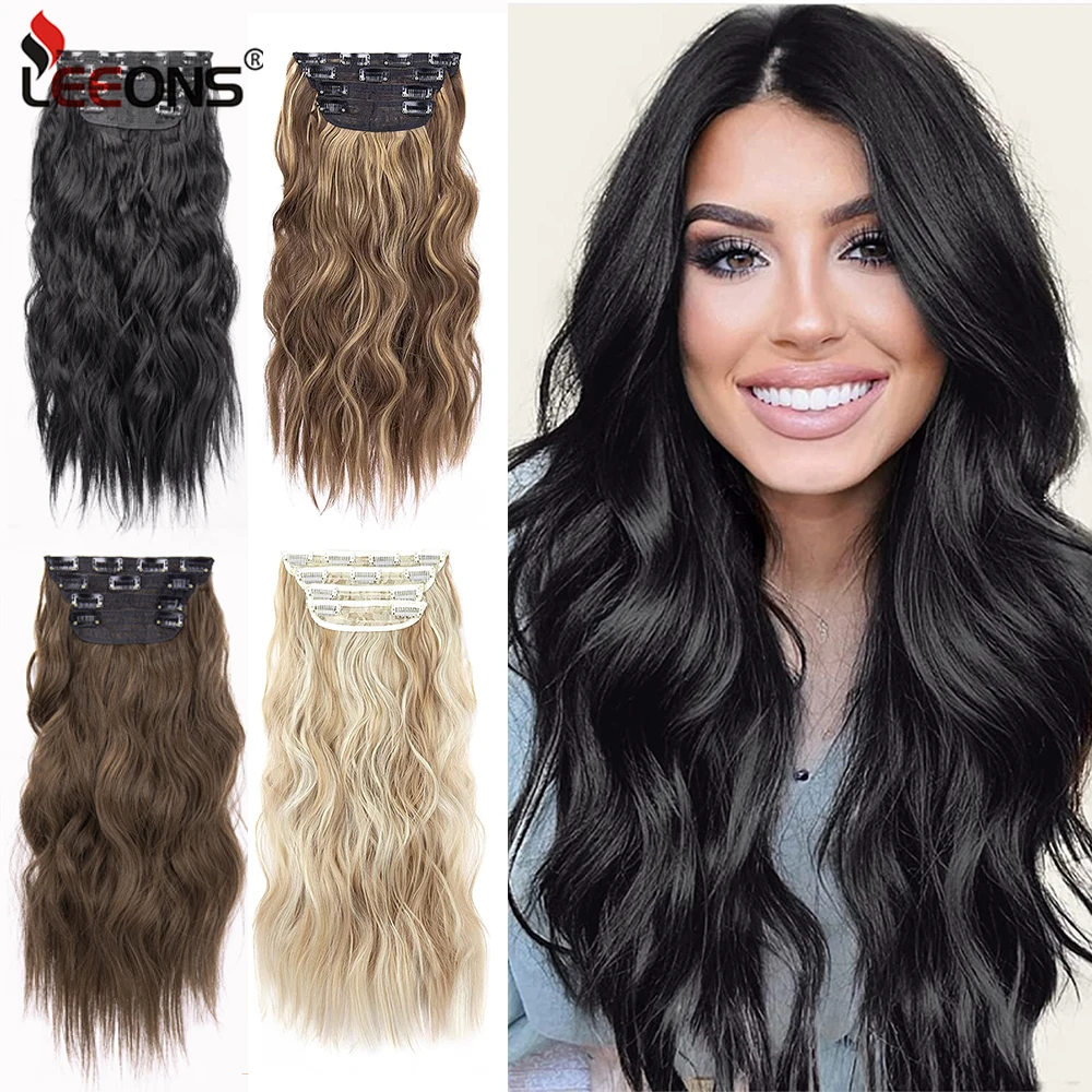 Leeons-extensão sintética do cabelo da onda do corpo para mulheres, 11 grampos, extensões do cabelo, marrom, Ombre, 20\