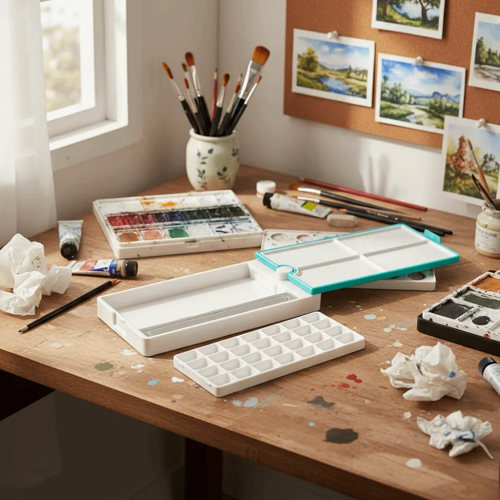 

Вращающаяся на 360 градусов палитра для акварели, пустая, на 28 ячеек, с отсеком для кистей, увлажняющий лоток для красок