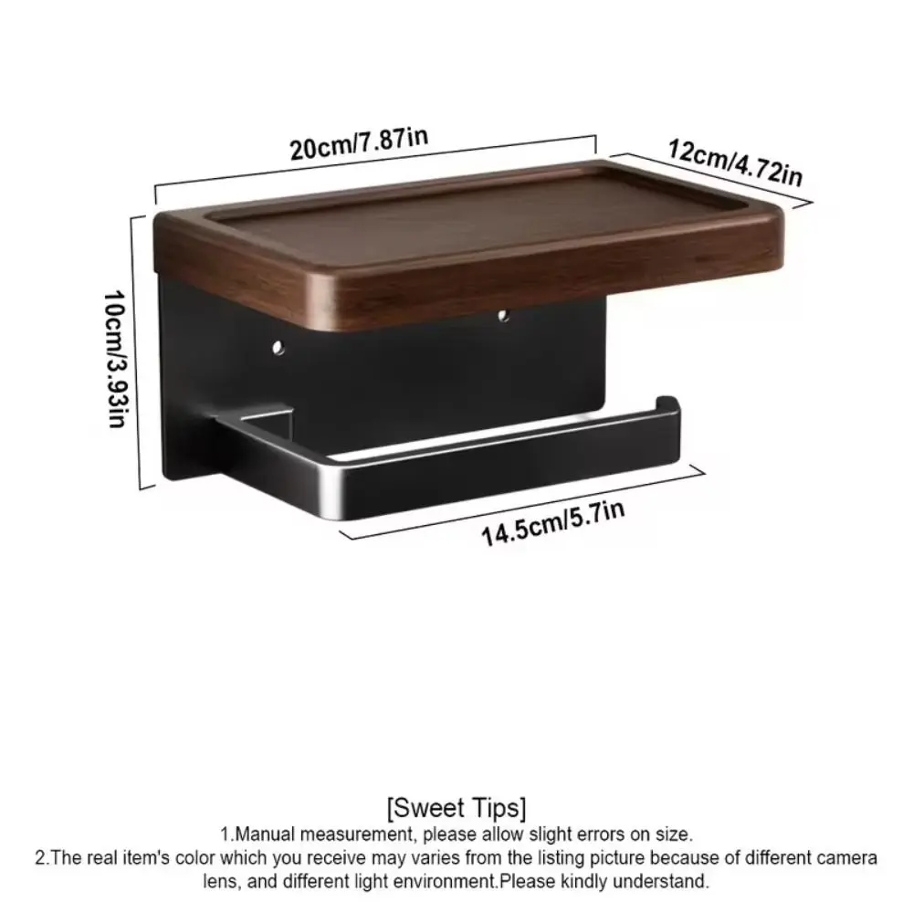 Wood Material Wall-Mounted Toilet Paper Holder with Storage Tray Waterproof Bathroom Tissue Roll Rack Space Saving Rust-proof view 6