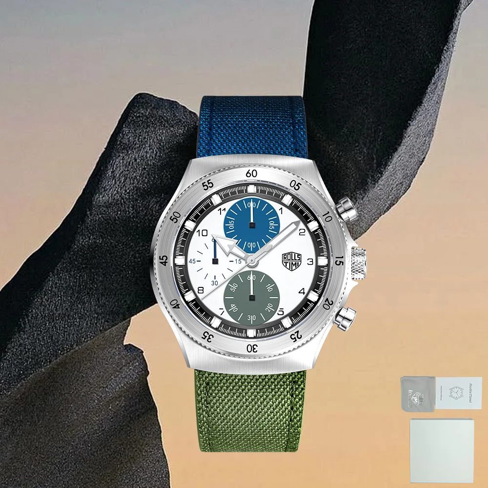 2025 ساعات رولستيمي موضة العلامة التجارية للرجال كرونوغراف الياقوت مرآة مقاوم للماء الفولاذ المقاوم للصدأ النايلون ساعة كوارتز هدية للرجال
