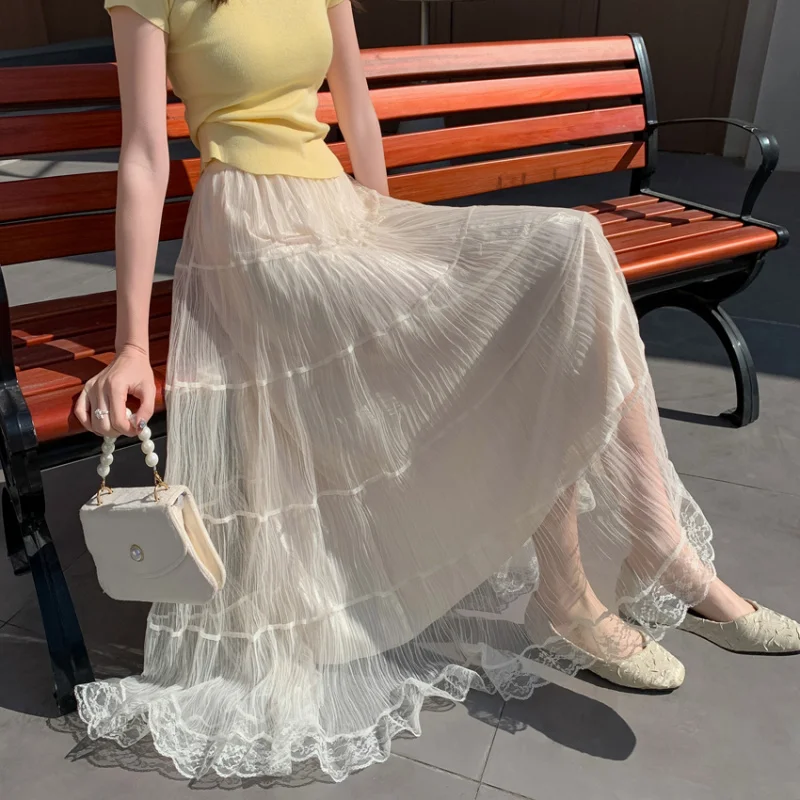 

Fairy New Wrinkled Lace Patchwork Mid-Length for Women A-Line Elastic Waist Pleated Mesh Skirt