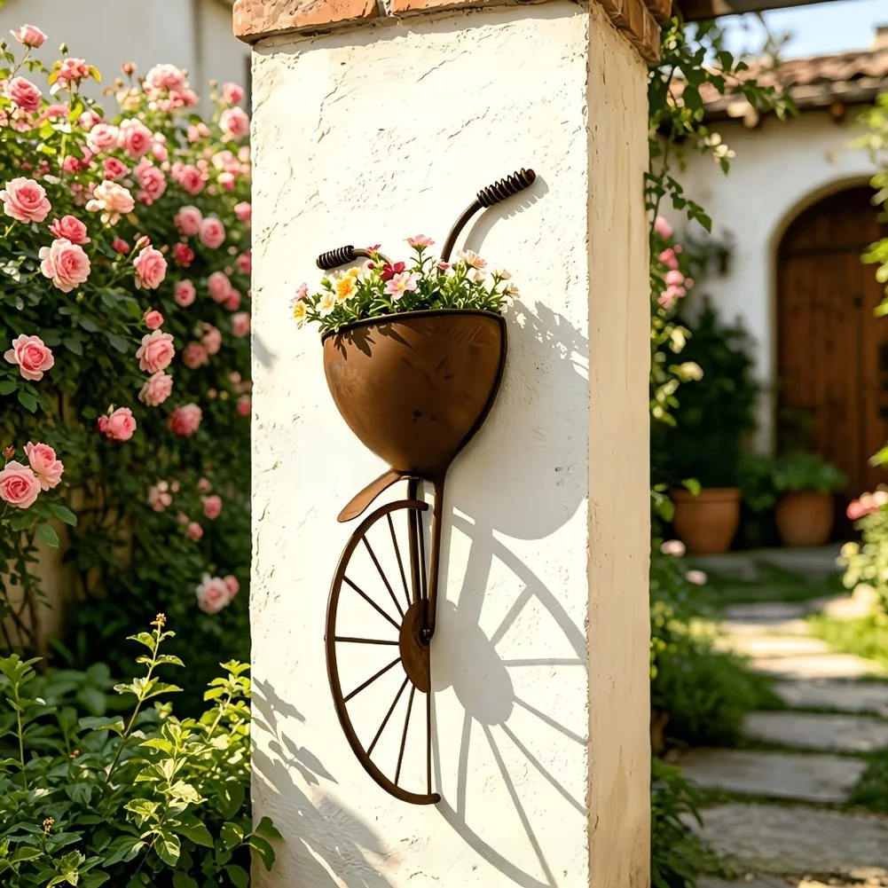 Wall Mounted Iron Flower Pot with Half Bicycle Geometric Design for Indoor Outdoor Vertical Gardening Decoration