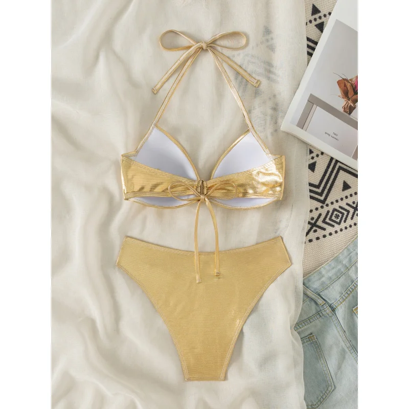 New Sexy Halter Neck Swimsuit Solid Color Hard Cup Two-Piece Bikini SwimwearLGD45