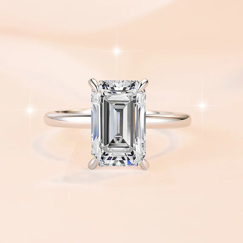PT950 Platinum Emerald Cut Stackable Ring for Women, 4 Carat Moissanite Finger Accessory With Brilliant Light Dispersion