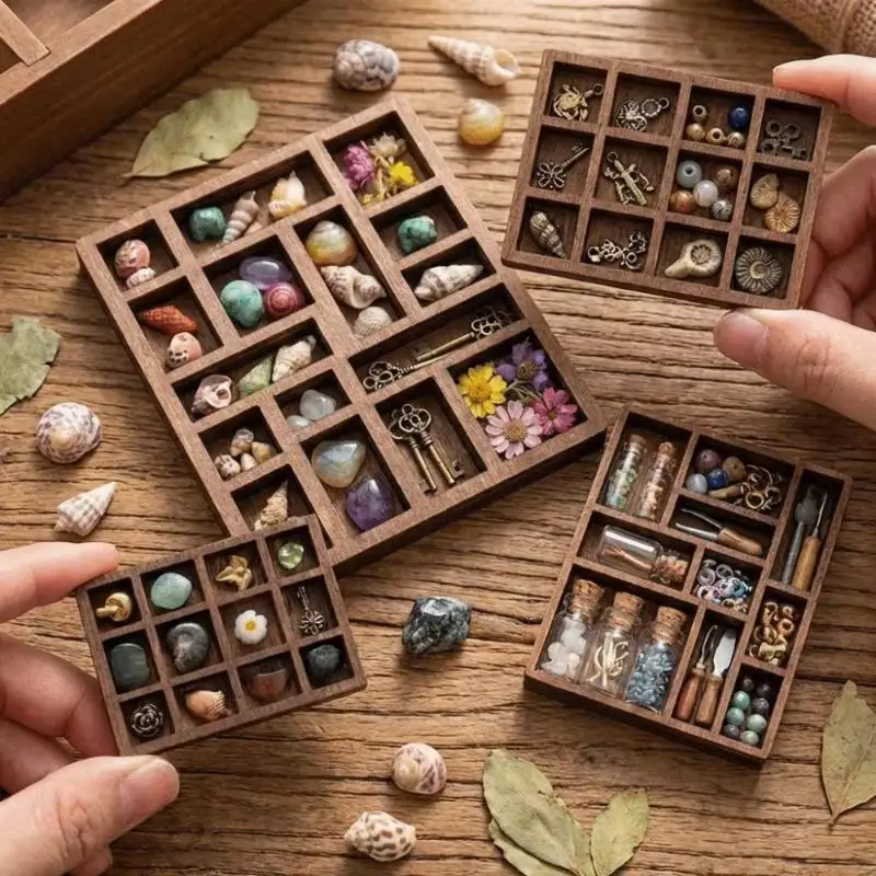 Creative Brown Pine Wood Miniature Trinket Shelf Variety Grids Compartments Dollhouse Shelf Mini Jewelry Holder Home Decor