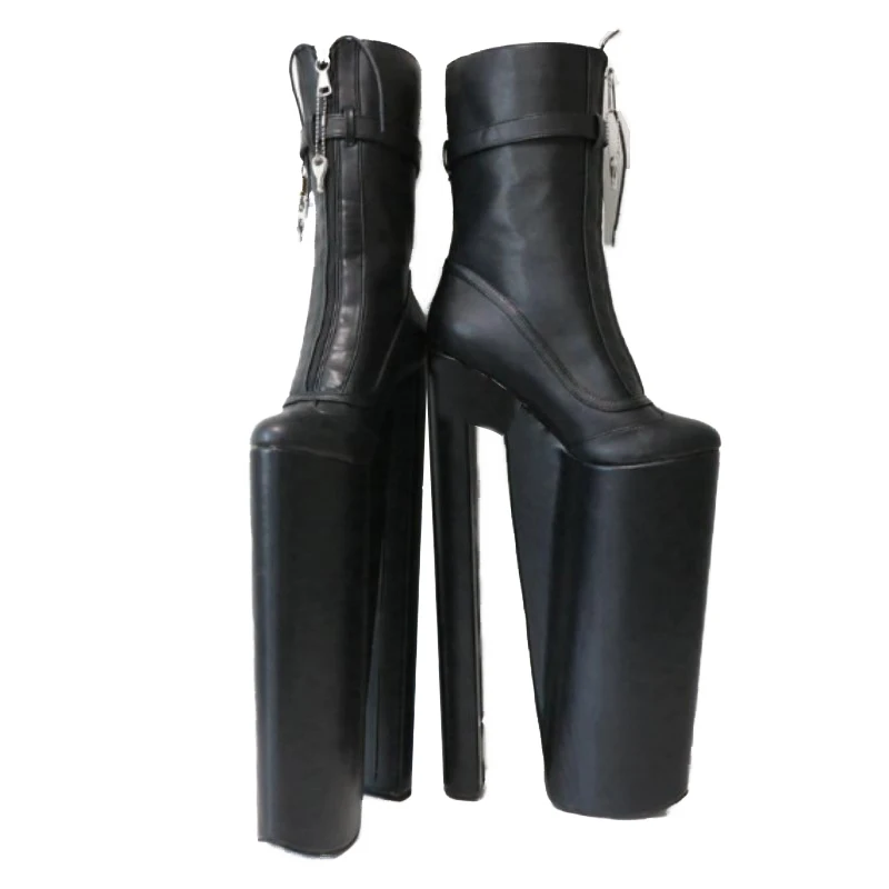 

DIZHUANG Fashionable women's high-heeled boots. Customized shoes. Black PU leather. About 30cm heel height. Mid boots. 34-46