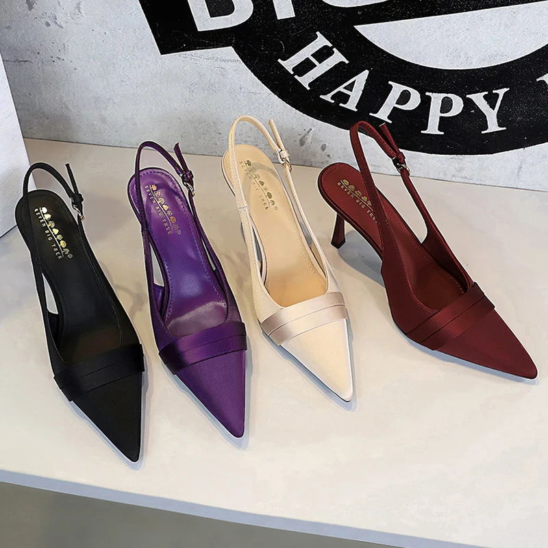 Women New Elegant Dark Purple 9cm High Heels Sandals Female Fashion Satin Valentine Date Shoes Lady Chic Pointed Toe Scarpins image 3
