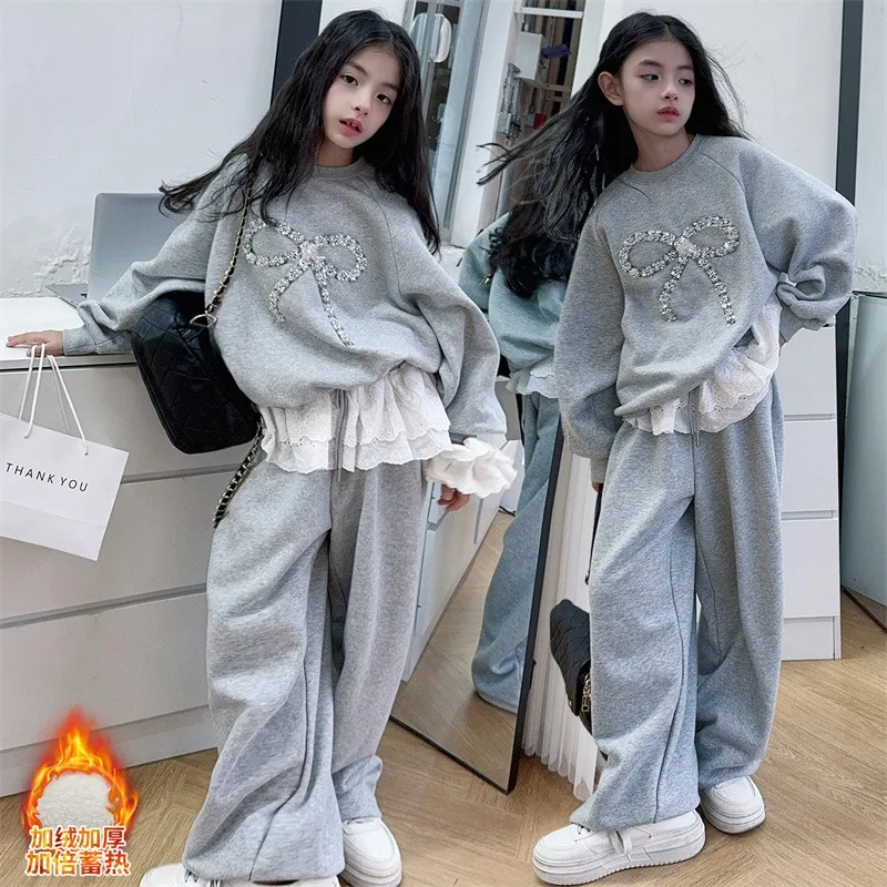 2024 New Girls' Velvet Hoodie Set Autumn/Winter Sparkling Bow Top+Casual Lace Waist Pants Two Piece Set Trendy