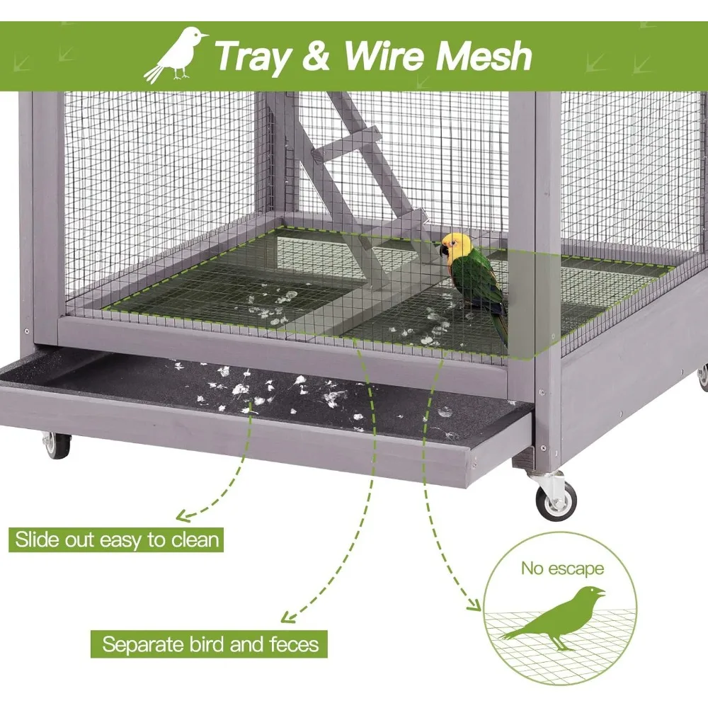 

Outdoor Bird Aviary Wooden Large Bird Cage on Wheels, Featuring Play Stand, Perches, Nest Habitat, Include Wire Mesh above