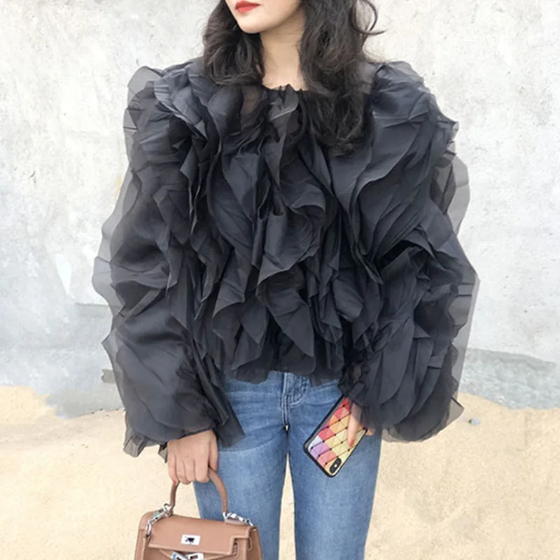 

Elegant Patchwork Ruffle Chiffon Blouses Women O Neck Lantern Long Sleeve Loose Shirt Female Clothes Fashion Summer 2024 New