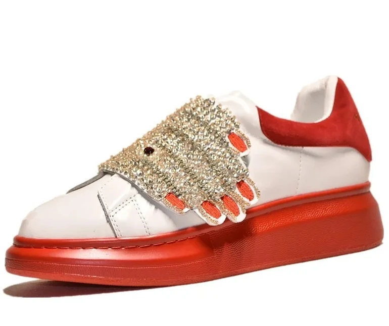 

Luxury Designer Women's Leather Sneakers Bling Bling Crystal Hook&Loop Footwear Handmade Platform White Casual Shoes Woman
