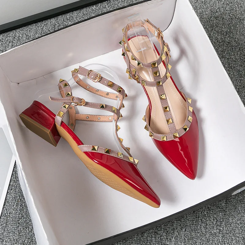 

Summer high-heeled women's sandals Fashion brand design pointed rivet red casual shoes 2023 New Lady sandal Large size 41-43