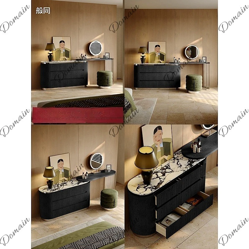 French Medieval Solid Wood Dressing Table with Mirror Black Vanity Desk Storage Drawers for Bedroom
