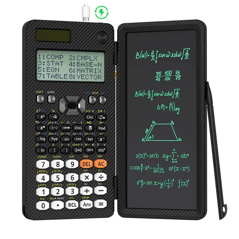 Foldable Scientific Calculator with LCD Writing Pad Dual Power Solar Battery Professional Calculation Tool for School Office