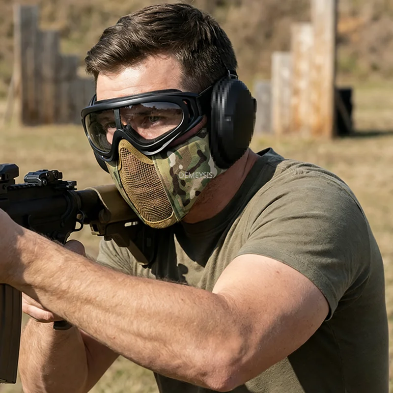 

Тактическая маска для страйкбола и пейнтбола (полумаска) + защитные очки, складная, из низкоуглеродистой стальной сетки, с защитой ушей, военная