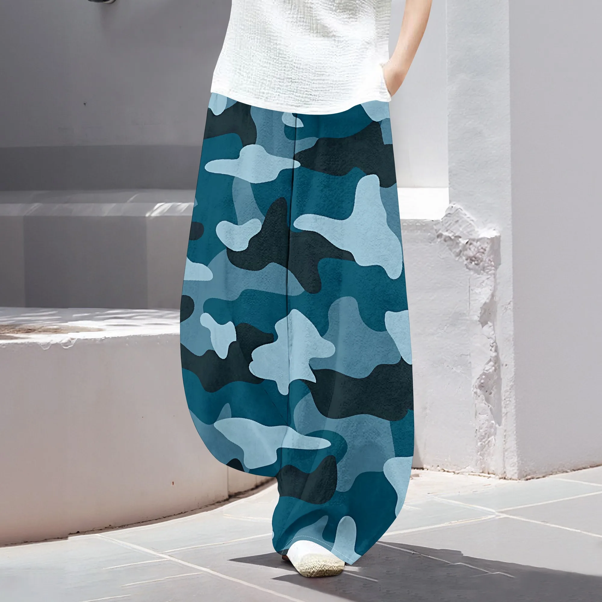 EQQZD Stylish Colorful Camo Print Long Pants, Women's Summer Casual Loose Trousers, Standard Size