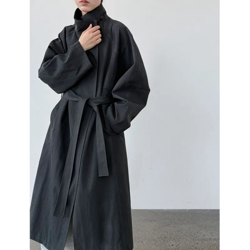 Johnature Korean Single-button Stand Collar Loose Long Trench Coat For Women New Autumn Casual Versatile Simple Tied Jackets