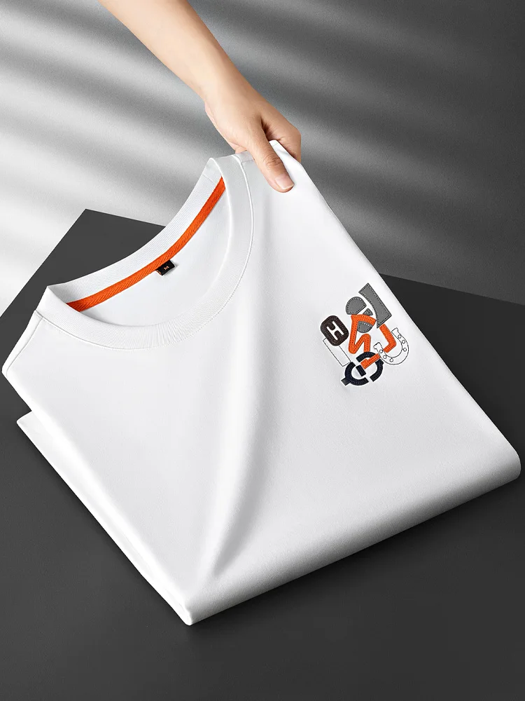  Summer Lightweight 100% Cotton Short Sleeve T-Shirt Men's Slim Fit High End Embroidery Casual round Neck Half Sleeve