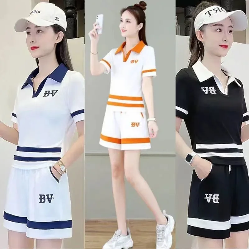 Women's Running Sports Suit 2025 Summer New Casual Cotton Loose Short Sleeve Crop Tops Shorts 2 Two Piece Sets Fashion Clothing