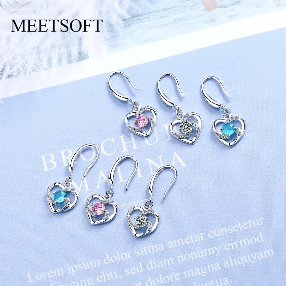 MEETSOFT Cute 925 Sterling Silver Heart Flower Hollow Pink Blue Zircon Drop Earrings for Women Lovely Fine Jewelry Drop Shipping