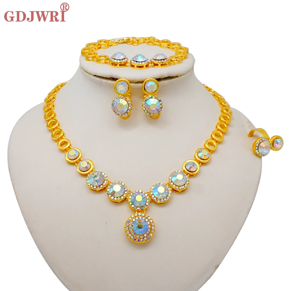 Luxus Dubai Gold Farbe Doppels chicht Halskette Schmuck Sets für Frauen afrikanischen Wasser tropfen Kristalls chmuck indischen Set Geschenke – Detail 19
