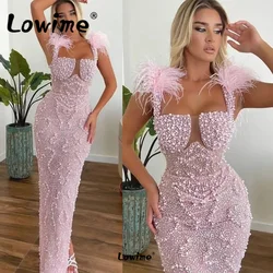 Arabic Feathers Pink Party Dress Beaded Formal Women Evening Dresses Long Mermaid Prom Gowns 2022 Customized Robes De Soiree