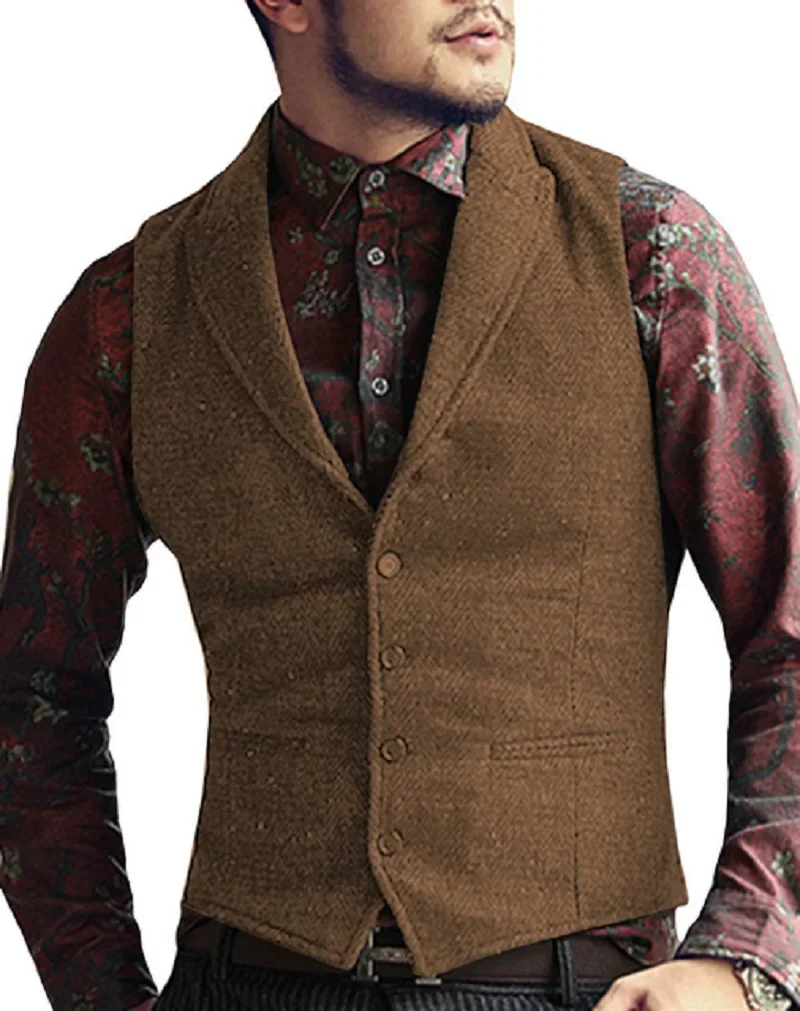 

Mens Suit Vest Lapel V Neck Wool Herringbone Casual Formal Business Vest Waistcoat Groomman For Wedding Green/Black/Brown