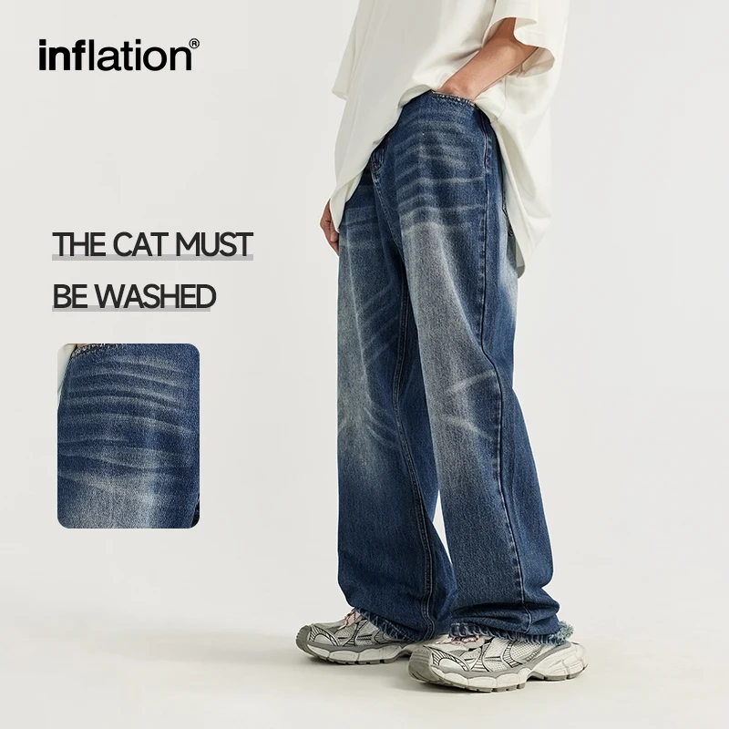 

INFLATION Retro Ripped Wide Leg Jeans Washed Trend Pant Simple Versatile Straight Trousers for Men