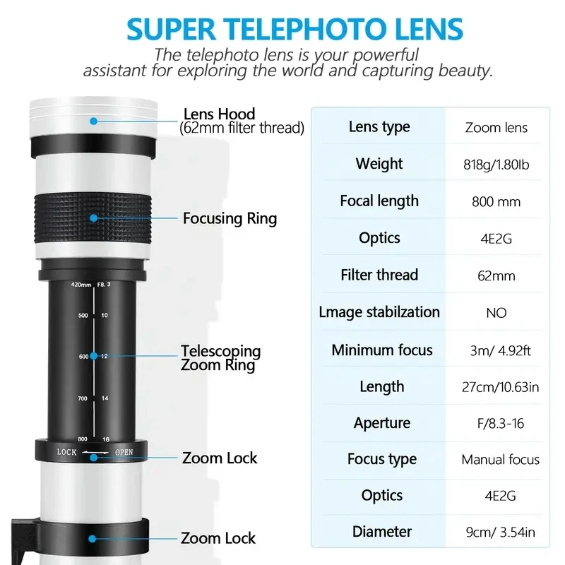Lightdow 420-800 مللي متر f/8.3-16 لسوني كانون نيكون بنتاكس أوليمبوس كاميرات سوبر HD دليل المقربة عدسة تكبير + محول عالية الطاقة