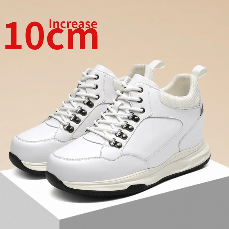 Chaussures rehaussantes invisibles en cuir véritable pour hommes, chaussures surélevées blanches, chaussures de planche décontractées à la mode, recommande une augmentation de 10cm